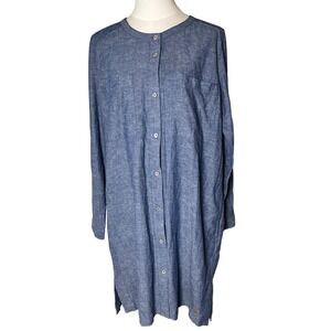 Roots Canada Chambray Linen Cotton Tunic Shirt Dress‎ Blue L Minimalist Fall